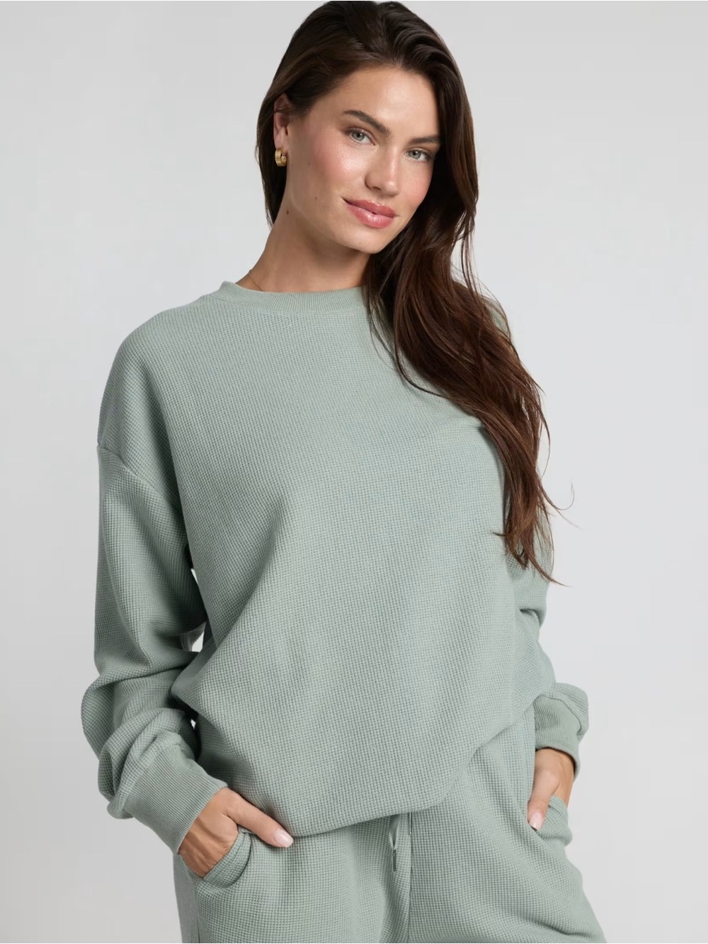 Comfrt Waffle Lounge Long Sleeve in Sage Green / Cozy / Dropped Shoulders